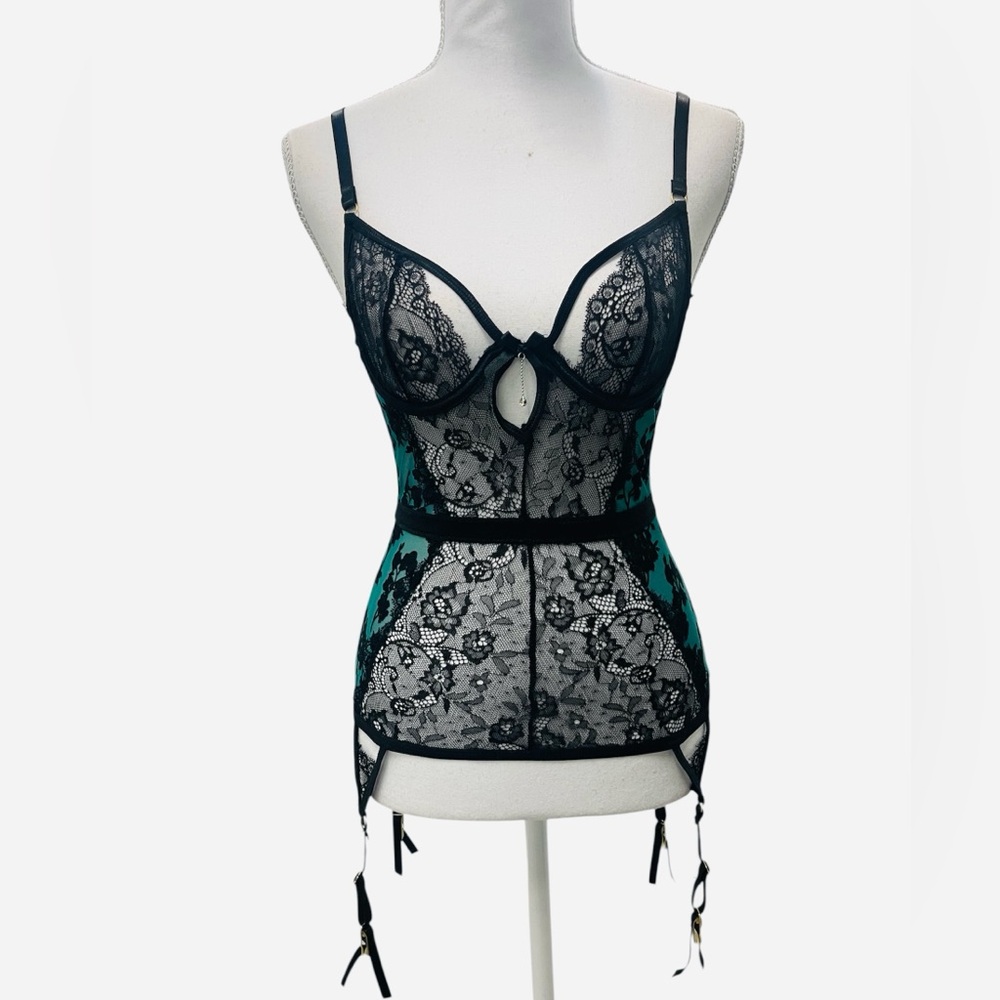 Seven Til Midnight Black Green Floral Garter Chemise Lingerie Mesh Sexy Bustier